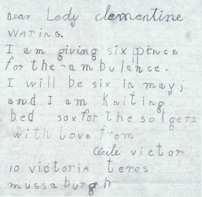 Letter from Cecile Victor (age 6) to Lady Clementina Waring about the little girl's contribution to the war effort. National Records of Scotland reference: GD372/57/30